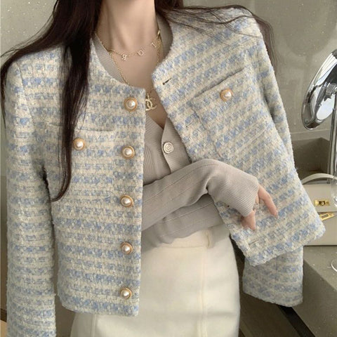 Sonicelife Vintage Crop Jackets Women Autumn Winter French Elegant Loose Preppy Style Coat O Neck All Match Casual Striped Jacket Tops
