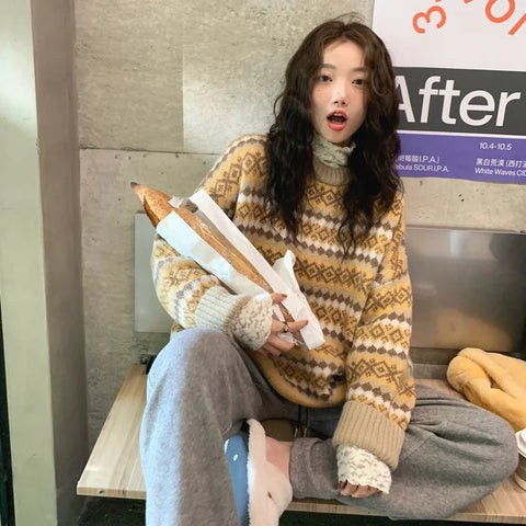 christmas outfit Sonicelife Winter Knitwear Pullover Sweaters for Women Top Blue Vintage Long Loose Sweats Warm Korea Fashion Kawaii Jersey Jumper