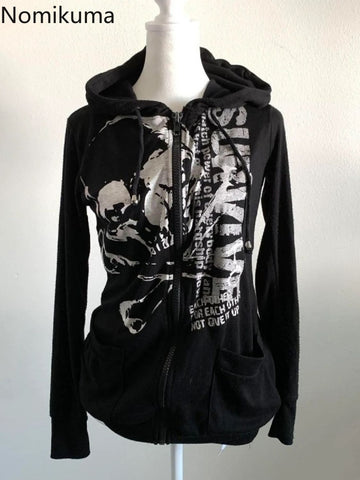 Sonicelife Streetwear BF Graffiti Hoodie 2025 Women's Clothing Vintage Fashion Causal Coats Y2k Tops Hooded Zipper Skull Korean Sweatshirts