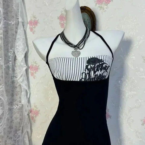 Sonicelife Summer Y2k Subculture Punk Vintage Fake Two Piece Halter Tops Women Sexy Gothic American Retro Casual Chic Wrap Black Chest Vset