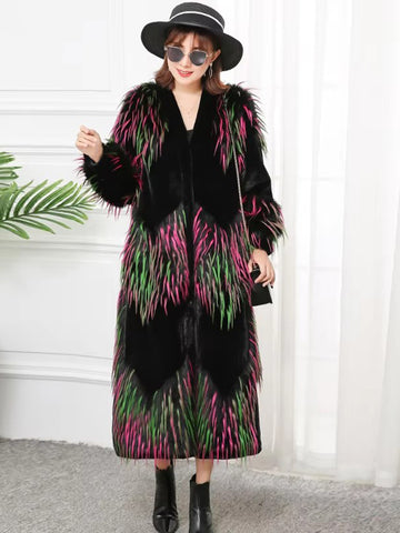 christmas outfit Sonicelife Spring Winter Colorful Long Fluffy Patchwork Faux Fur Coat Women with Deep V Neck  Luxury Designer Emo Clothes 2025