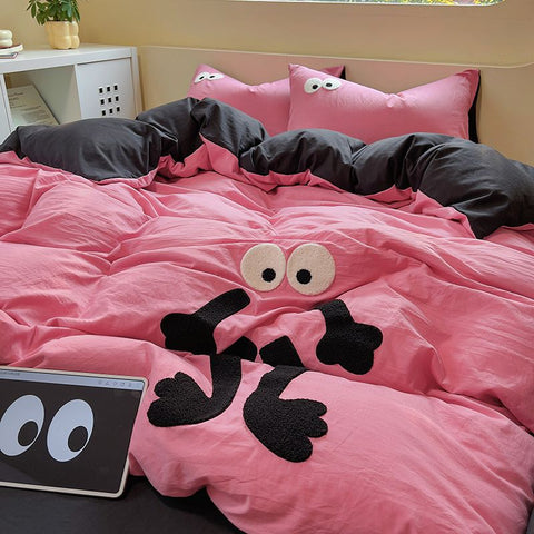 Sonicelife Pink Big Eye Embroidery Bedding Sets Ins Korean Style Washing Cotton Cute Duvet Cover Bed Sheet Set Pillowcases 3/4pcs