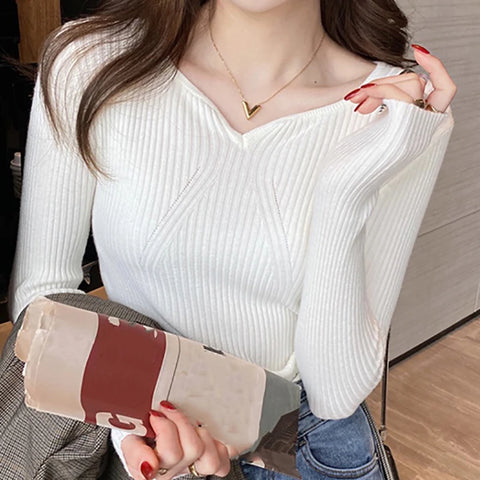 Sonicelife Slim V-Neck Bottoming Pullovers Long Sleeve Knit Casual Warm Office Sweater Autumn Winter For Women Sweater