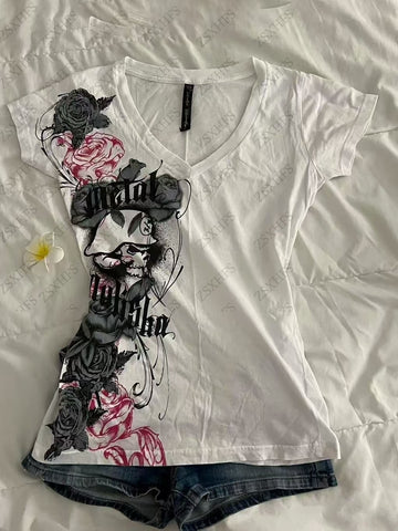 Sonicelife Aesthetic Crop Top 2000s T shirt Femme Clothes Vintage Harajuku Slim Grunge Graphic Tee Camis Kawaii Sweet Girl Punk Women Tops