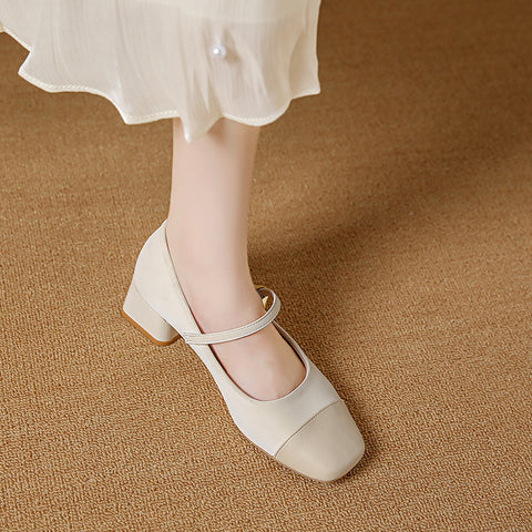 Sonicelife New Woman Sweet Square Toe Low Heels Lolita Shoes Female Cute classical Ballet Flats Lady Leather Buckle Stap Mary Janes Shoes
