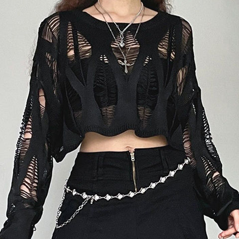 Sonicelife Perforated Hole Hollow Out Y2K T-shirts Batwing Sleeve Knitted Blouse Vintage Thin American Style Girlish Loose Streetwear Top