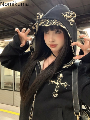 Sonicelife Fake Two Hoodies Coat 2025 Women Clothing Patchwork Leopard Print Hooded Sweatshirts Y2k Tops Streetwear Casual Fashion Hoodie