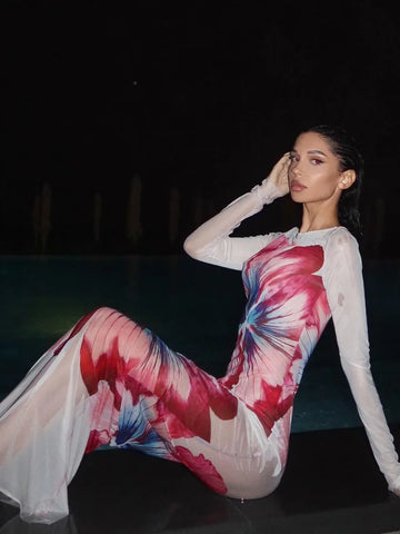 Sonicelife Elegant Printed Slim Fit Long Dress Fashion Round Neck Full Sleeve See Through Robes New Female Summer Party Club Vestidos 2025