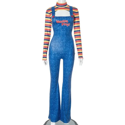 Sonicelife Women Wanna Play Letter Print Overalls Imitation Denim Jumpsuits Romper Striped Long Sleeve Crop Shirt Halloween Cosplay Outfits