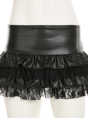 Sonicelife Harajuku Y2k Pu Cake Skirt Women Dark Gothic Cyber Punk Streetwear Hotsweet Lace Patchwork Low Waist Skirt Without Belt