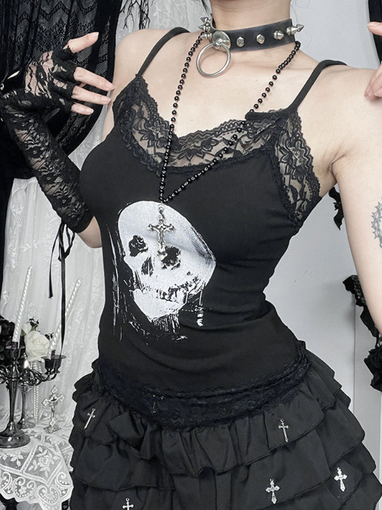 Sonicelife Mall Gothic Skull Printed Camisole Women Vintage Streetwear Y2k E-girl Harajuku Cyber Punk Lace Patchwork Crop Tank Tops