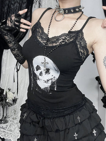 Sonicelife Mall Gothic Skull Printed Camisole Women Vintage Streetwear Y2k E-girl Harajuku Cyber Punk Lace Patchwork Crop Tank Tops