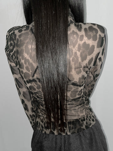 Sonicelife E-girl Vintage Y2k Leopard Shirt Women Streetwear Pastel Goth Emo Alt Sexy See Through Long Sleeve Lace-up Mesh Blouse
