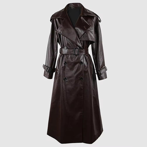 christmas outfit Sonicelife Spring Autumn Long Oversized Black Pu Leather Trench Coat for Women Belt Double Breasted Loose Casual Maxi Overcoat