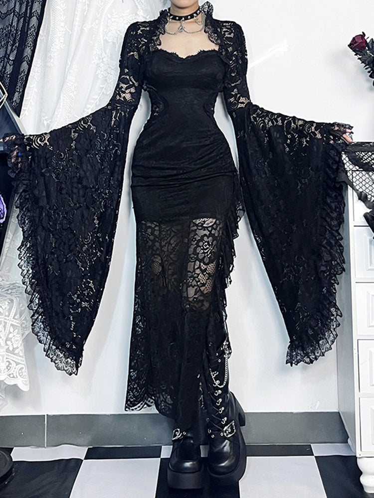 Sonicelife Dark Gothic Lace Cover Ups Women Vintage Classic See Through Flare Sleeve Crop Top Blouse Y2k E-girl Emo Alt Rave Outfit