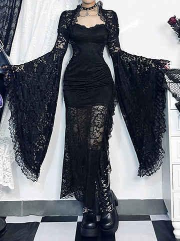 Sonicelife Dark Gothic Lace Cover Ups Women Vintage Classic See Through Flare Sleeve Crop Top Blouse Y2k E-girl Emo Alt Rave Outfit