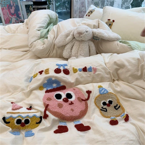Sonicelife Korean Ins Dopamine Rainbow Embroidered Washed Cotton Bedding set Duvet Cover Home Luxury No Filling Bedding Set Bed Sheets