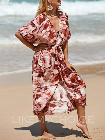 Sonicelife-Womens Coral Print Open Front Beach Dresses