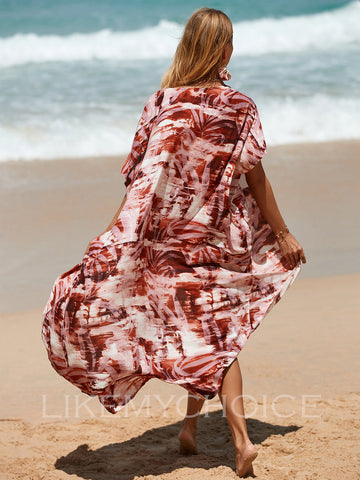 Sonicelife-Womens Coral Print Open Front Beach Dresses