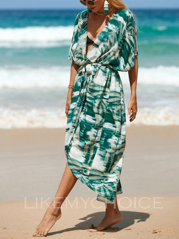 Sonicelife-Womens Coral Print Open Front Beach Dresses