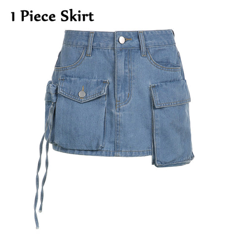 Sonicelife Y2k Fashion Women Multi-pockets Denim Cargo Skirts Tie Dye Denim Mini Skirt Streetwear Lady Hiphop Bodycon Skirts Party Summer