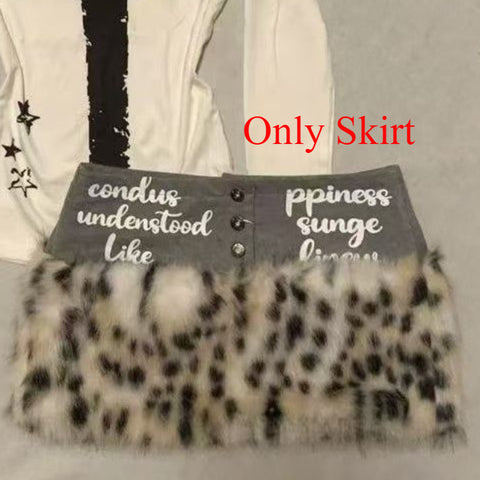 Sonicelife American Style Vintage 2 Piece Set Spicy Girls 2000s Y2k Subculture Suit Casual Tops + Low Waist Leopard Print Mini Skirt Chic