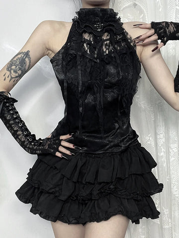 Sonicelife Gothic Aesthetic Vest Women Streetwear Vintage Lace Patchwork Halter Crop Tank Tops Elegant Grunge Coquette Rave Outfits