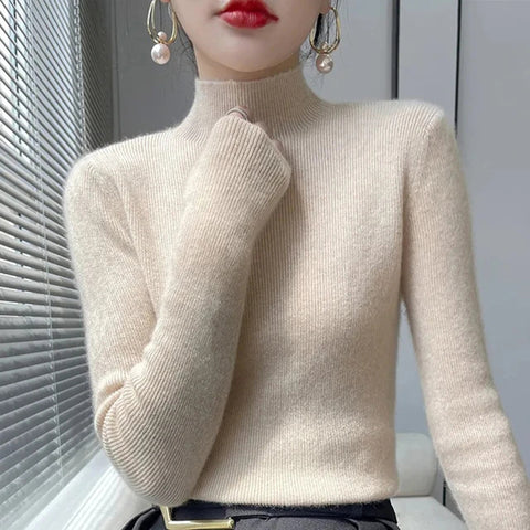 Sonicelife Solid Sweater Women Half Turtleneck Knitted Pullovers Harajuku Korean Thick Knitwear Autumn Winter Fashion Slim Jumpers