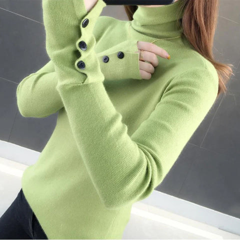 Sonicelife Women Turtleneck Solid Warm Sweater Buttons Long Sleeve Knit Basic Pullover Slim Office Jumper For Women 2024 Autumn Winter