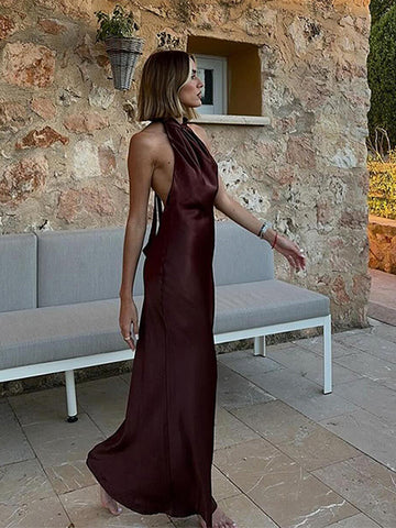Sonicelife Elegant Satin Hang Neck Lace Up Dress Women Sexy Sleeveless Backless Female Maxi Dresses 2024 Spring Summer Lady Party Robe New