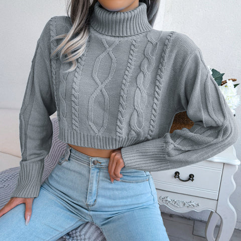 Sonicelife Autumn Winter 2024 Crop Top Women Turtleneck Sweater Long Sleeve Casual Knitted Sweater