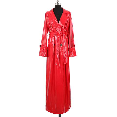 christmas outfit Sonicelife Spring Autumn Extra Long Soft Red Reflective Shiny Patent Leather Coat Women Double Breasted Maxi European Fashion