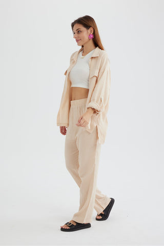 Sonicelife-Long Sleeve Pocketed Slit Shirt Long Pants Suits