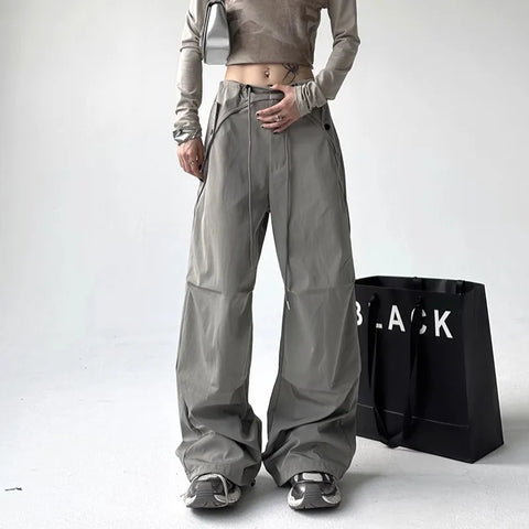Sonicelife Y2K Aesthetic Cargo Pants Women High Waist Drawstring Casual Straight Pants Vintage Streetwear All Match Wide Leg Trousers
