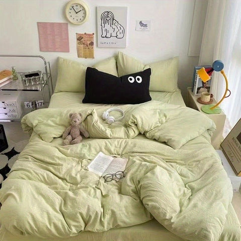 Sonicelife Cute Duvet Cover Set with Sheet Pillowcase No Filler Warm Solid Color Bed Linen Full Queen Size Korean Big Eyes Home Bedding Set