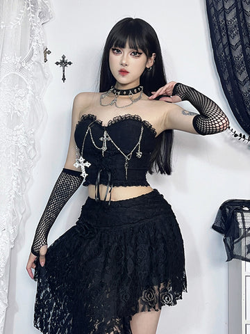 Sonicelife Gothic Dark Punk Vest Women Streetwear Harajuku Grunge Lace Patchwork Cross Chian Lace-up Croset Crop Tank Tops Female