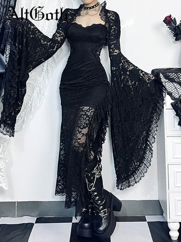 Sonicelife Dark Gothic Lace Cover Ups Women Vintage Classic See Through Flare Sleeve Crop Top Blouse Y2k E-girl Emo Alt Rave Outfit
