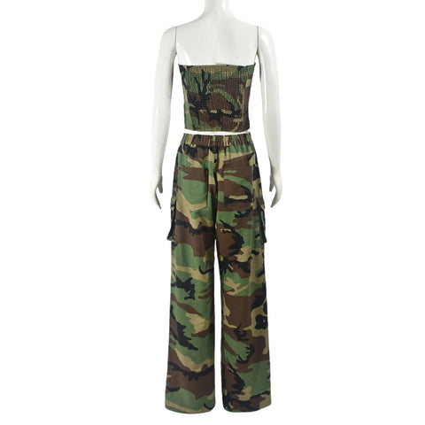 Sonicelife Street Women 2 Piece Camouflage Buttons Strapless Tops Pockets Camo Cargo Pants Sets Camo Bustiers Baggy Pants Two Piece Outfits