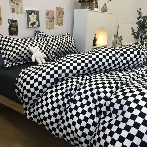 Sonicelife Nordic Pink Checkerboard Duvet Cover Sets With Pillowcases Flat Sheet Kids Girls Boys Full Queen Twin Size Kawaii Bedding Kit