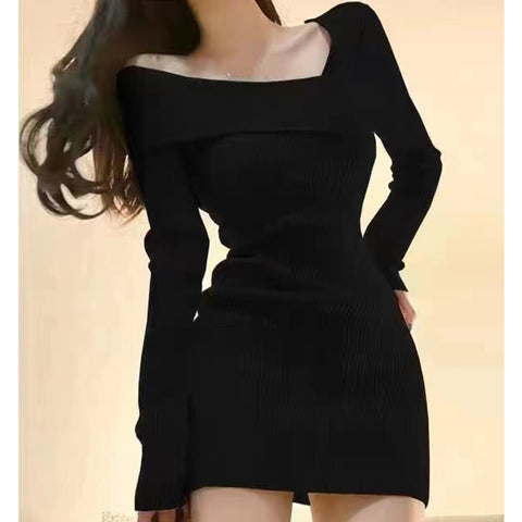 Black Friday Sonicelife Knitted Dress Women Autumn Winter Long Sleeved Sexy Off Shoulder Stretch Sweater Solid Elegant Skinny Chic Korean Lady Dress