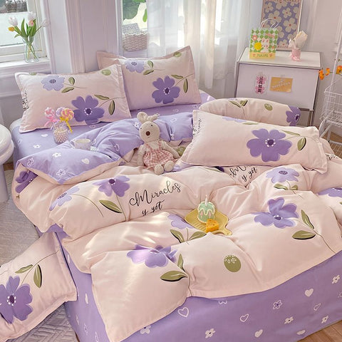 Sonicelife Ins Pink Flowers Bedding Set Flat Bed Sheet Pillowcase Twin Full Queen Size Nordic Bed Linen Women Girls Floral Duvet Cover Set