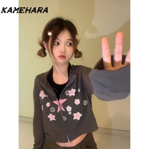 Sonicelife Japanese Abitu Street Style Subculture Millennium Y2k Spicy Girl Hoodie Printed Thin Short Cut Slimming Versatile Tops