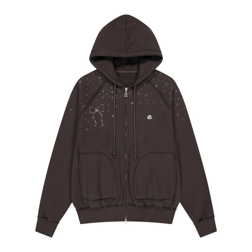 Sonicelife Streetwear Hoodies Coat 2025 Women Clothing Hooded Zipper Bow Print Sweet Jackets Y2k Tops Casual Fashion Sweatshirts Ropa Mujer