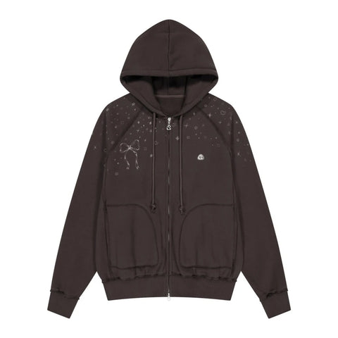 Sonicelife Streetwear Hoodies Coat 2025 Women Clothing Hooded Zipper Bow Print Sweet Jackets Y2k Tops Casual Fashion Sweatshirts Ropa Mujer