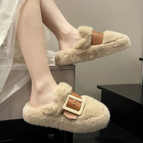 Sonicelife Shoes Slippers Casual Slides Slipers Women Winter Footwear Cover Toe Fur Flip Flops Platform Luxury 2024 Plush Winter Woman Slip