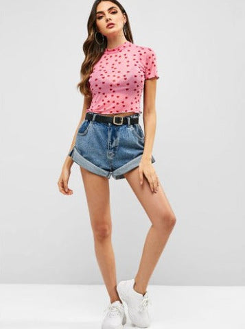 Sonicelife-Sexy See Through Mini Heart Printed Short Sleeve Crop Top