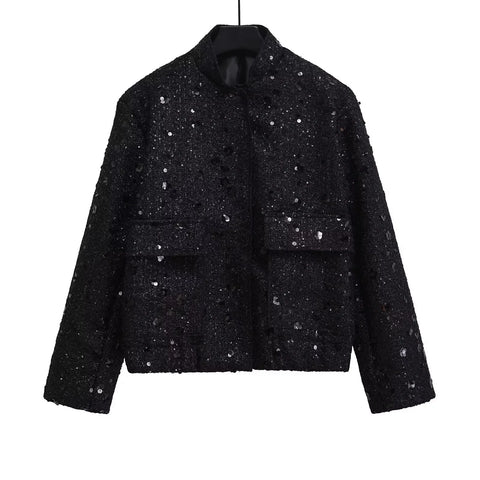 christmas outfit Sonicelife Women's Sequined Bomber Jacket Fall O Neck Long Sleeve Gold Sequins Jacket Coat Female Glitter Chic Outerwear