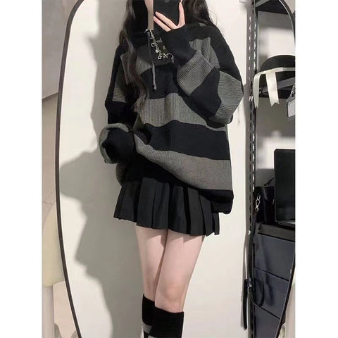 Sonicelife Streetwear Striped Sweater Women Oversized Knitted Pullovers Harajuku Korean Loose Knitwear Winter Fashion Casual Jumpers New