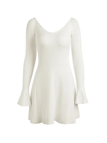 Sonicelife hoco dresses-Solid V Neck Ribbed A-line Knit Mini Dress