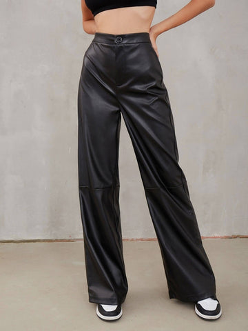 Sonicelife-Casual High Waist PU Wide Leg Pants